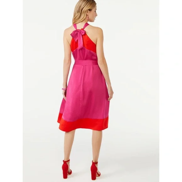 NWT Scoop Women's Halter Top Color Block Midi Dress with Tie at Waist - Picture 2 of 6